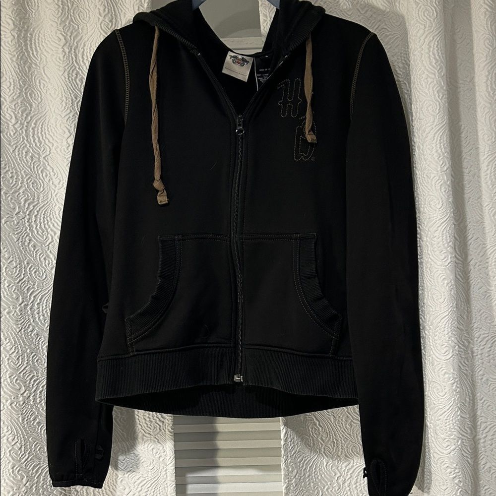 Harley-Davidson Black Zip-Up Hoodie with Tan Drawstrings